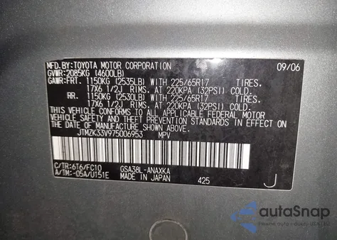 2007 Toyota Rav4 Base V6 z USA, uszkodzony, nr VIN JTMZK33V975006953